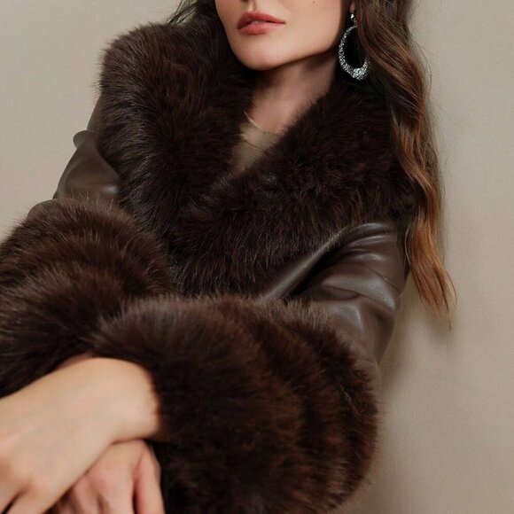 Coffee Brown Elegant Women's faux leather & faux fur Jacket - Picture 4 of 8